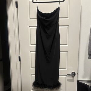 Sophisticated Black Midi Dress with Feather Detail